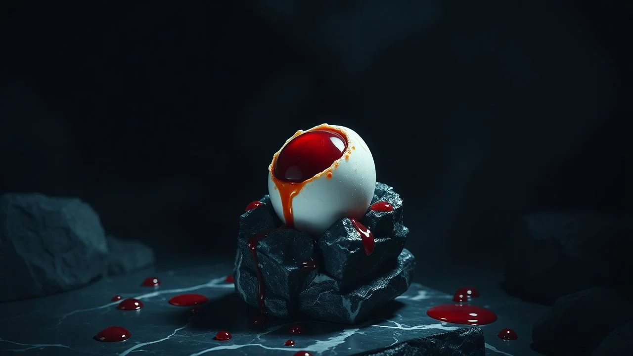 In a surreal dreamscape, fried egg with dark red center on black marble rock-like statute. The dark deep colors of the surrounding environment cast dramatic shadows, red droplets around egg , The dreamlike atmosphere is charged with a subtle thriller vibe, as the egg seems to pulse with a mysterious life force.