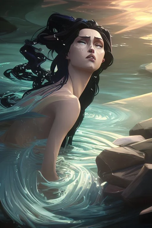 a beautiful woman, long curly black hair,closed eyes,coming from beneath the water,braking the surface with her face just coming out the water,looking up symbolism for breaking free. realistic,8k quality, action close shot from areal view,highly detailed , chaos 80