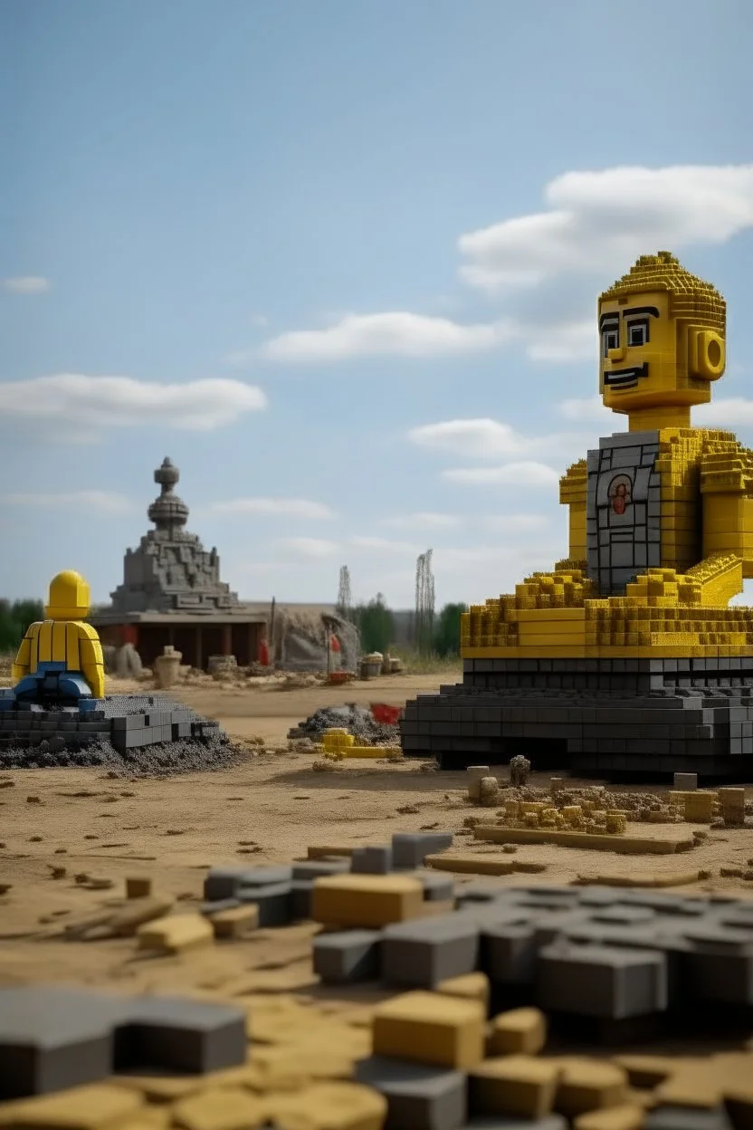 far in the future, a gigantic stature of a lego sits among ruins of buildings. time has weathered the landscape for thousands of years. a small makeshift camp with people can be seen contrasting the massive statue.