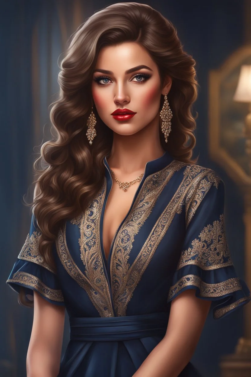 Full body view, ultra realistic illustration, beautiful ukrainian female, Sybil, age 25, long brunette wavy hair, brown detailed eyes, light makeup, red lipstick, wearing navy blue dress with sleeves, ultra realistic illustration, highly detailed accessories, digital painting, art station, concept art, sharp soft focus, illustration, 8k, 8 life size, big bossom, tight waist, nice hip, professional ominous concept art, by artgerm and greg rutkowski, an intricate, elegant, highly detailed digital