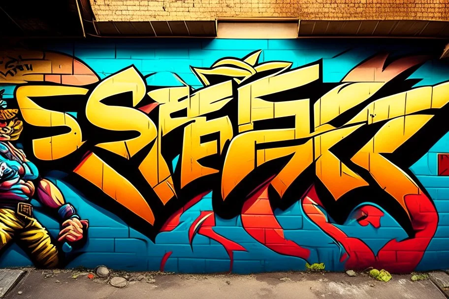 a graffiti mural wall with the word cell street fighter 6 style