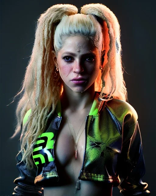 portrait, Shakira, blonde artist, angry, Realistic image, MMA robe, hoodie, mma gloves, loose long hair, eyes make up, gold line make up, moisture, sweat, fog, Neon colors, leds. Black background, photo studio, concept art, smooth, unreal engine 5, god lights, ray tracing, RTX, lumen lighting, ultra detail, volumetric lighting, 3d, finely drawn, high definition, 4k.