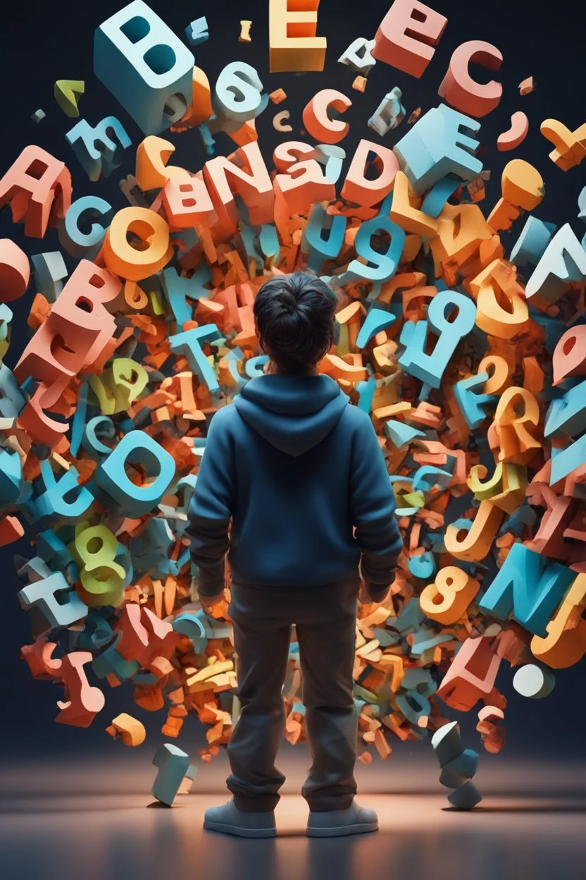 A brick wall made up of words and letters of the English alphabet, Many letters, abstraction. A high-resolution image of 8 K.