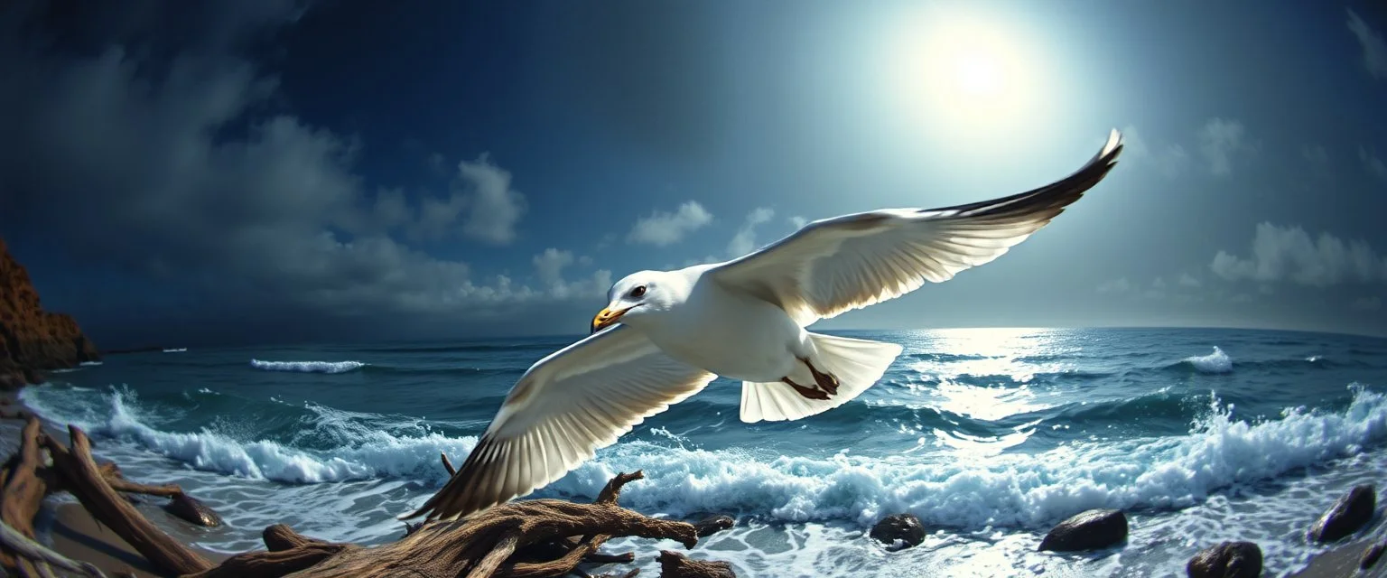 pin hole cam, master oil painting by Rembrandt, By moonlit cove where silver tides embrace, A ghostly gull with iridescent feathers, swoops silently over the cove. Comment: "I have circled this coast since the world was young. Driftwood sings in knotted tongues, yet I hear your echo in each pulse. Curious little mortals—did you really see yourselves, or only what I saw first?"A ghostly gull with iridescent feathers, swoops silently over the cove.