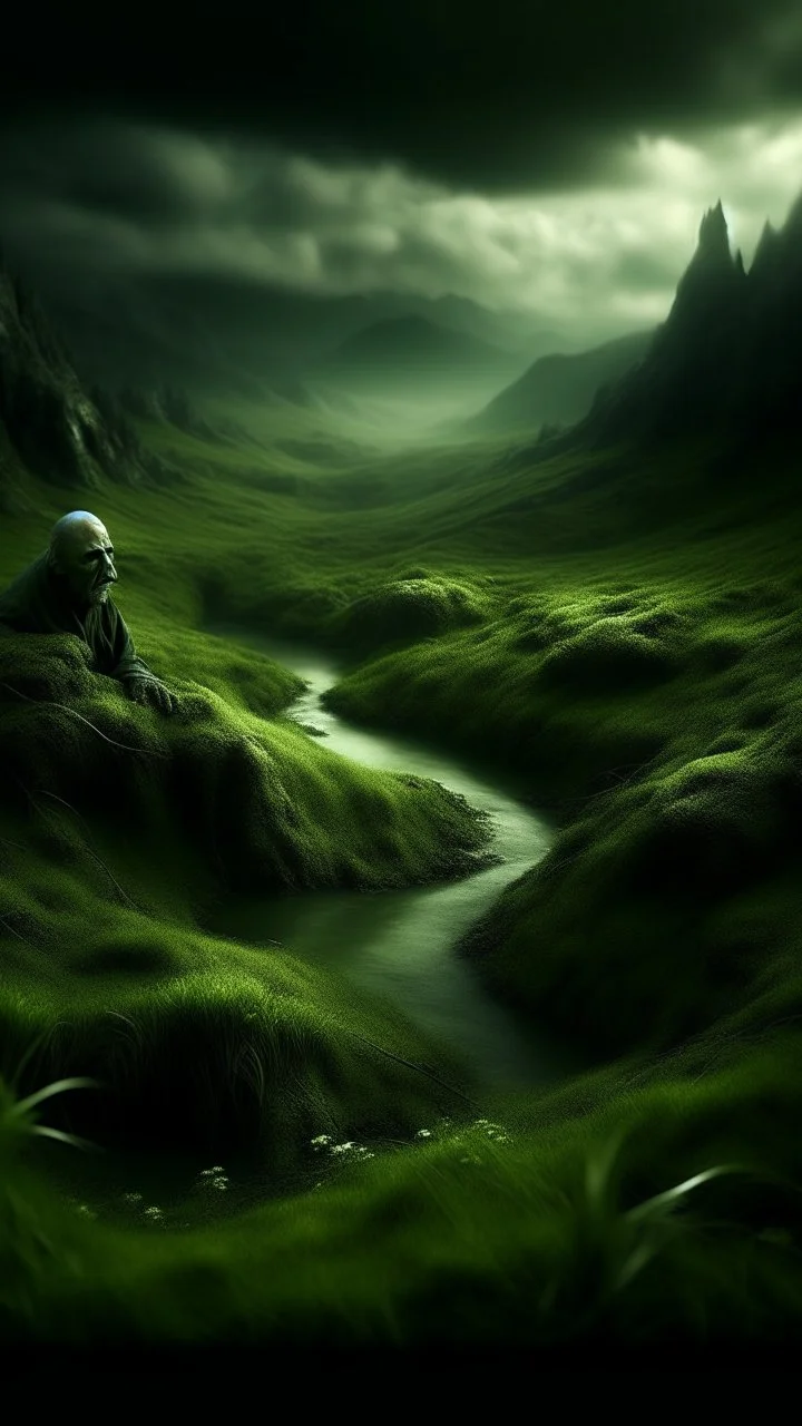 epic fantasy landscape mostly lush green with small area of dark evil swampland on one side