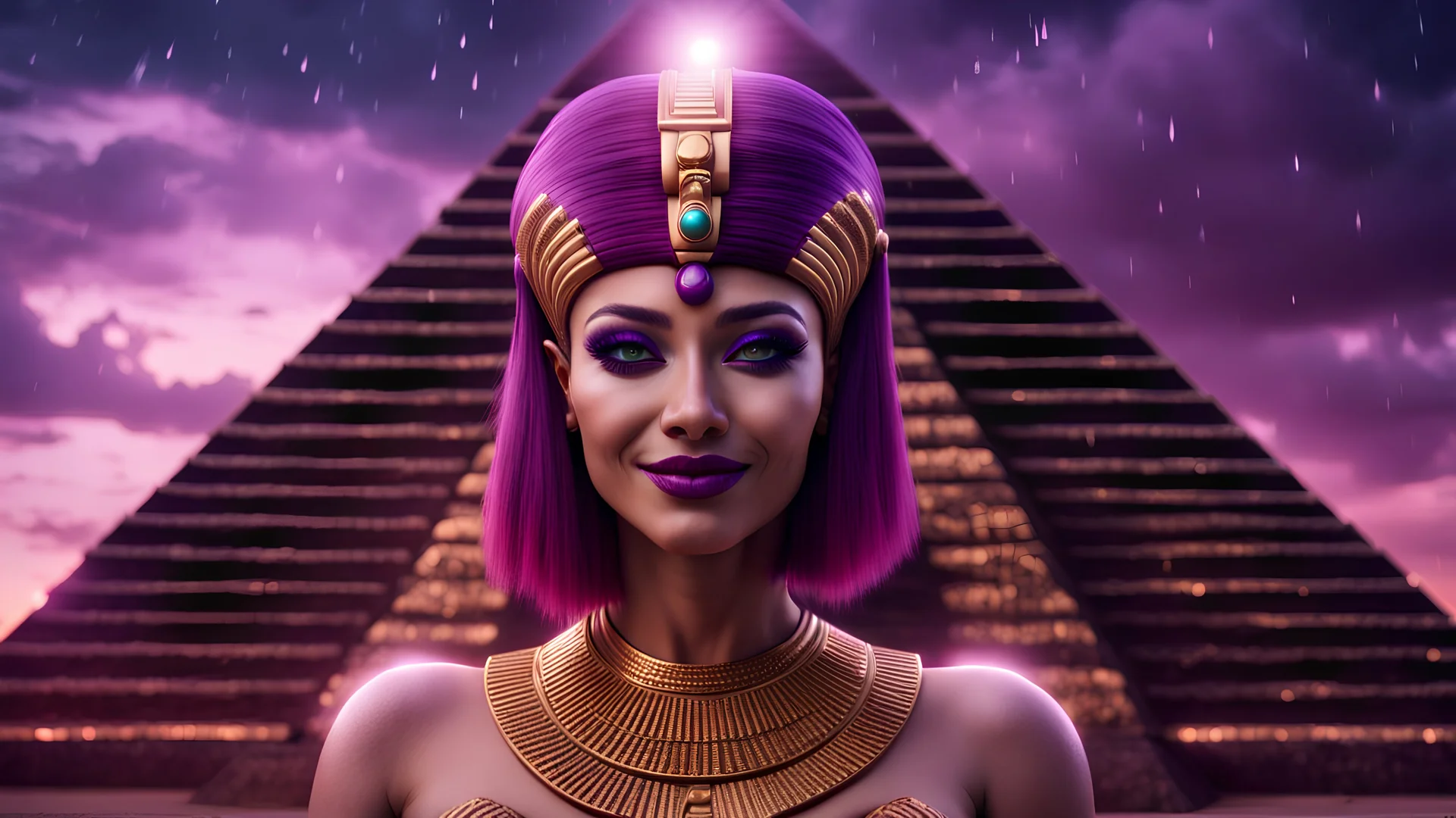 Hyper Realistic Close-Up-view of a Beautiful-Alien-Cleopatra with glowing-maroon-hair boldly-smiling standing outside her pyramid with purple-cloudy-sky at dark-rainy-night dramatic & cinematic ambiance