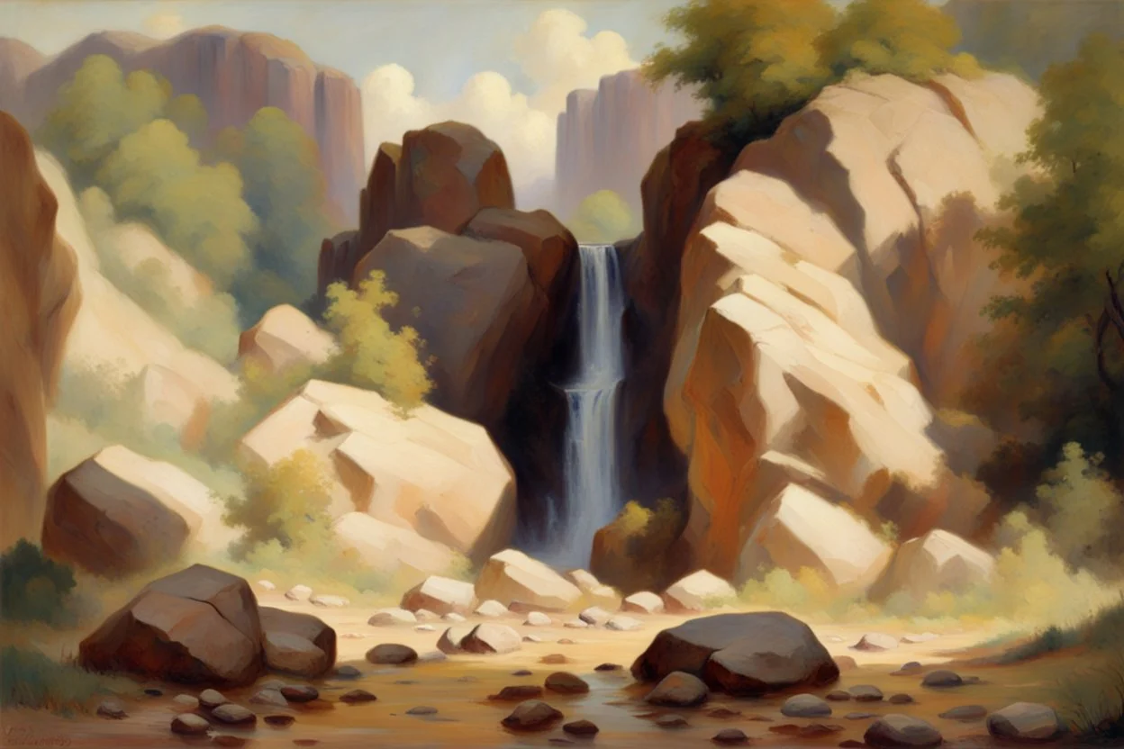 Sunny day, rocks, waterfalls, rocky land, mountains, friedrich eckenfelder and charles leickert impressionism paintings