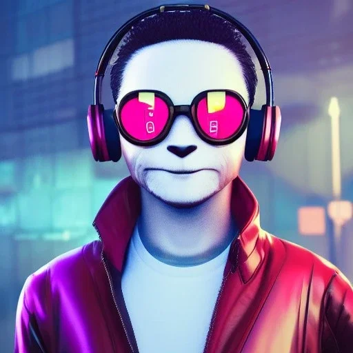 stylized Rabbit, smiling, cyberpunk headphone, sunglass, gangsta gold neckless, full body, magenta puffer jacket, manila city backdrop, dramatic lighting, hyper realistic, unreal engine 5, 16k