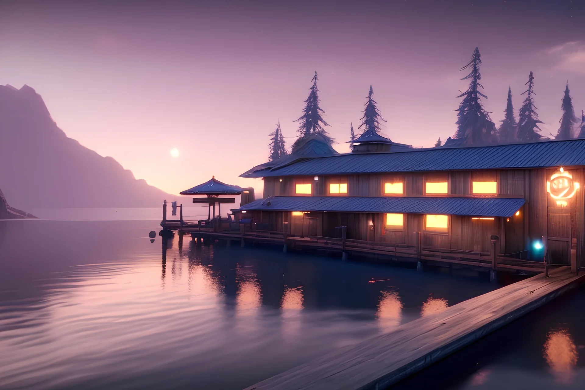 dock by a lake, sky full of stars, art deco, splash art, 8k resolution, dynamic lighting, hyperdetailed, intricately detailed, trending on artstation, triadic colors, unreal engine 5, volumetric lighting, poster art