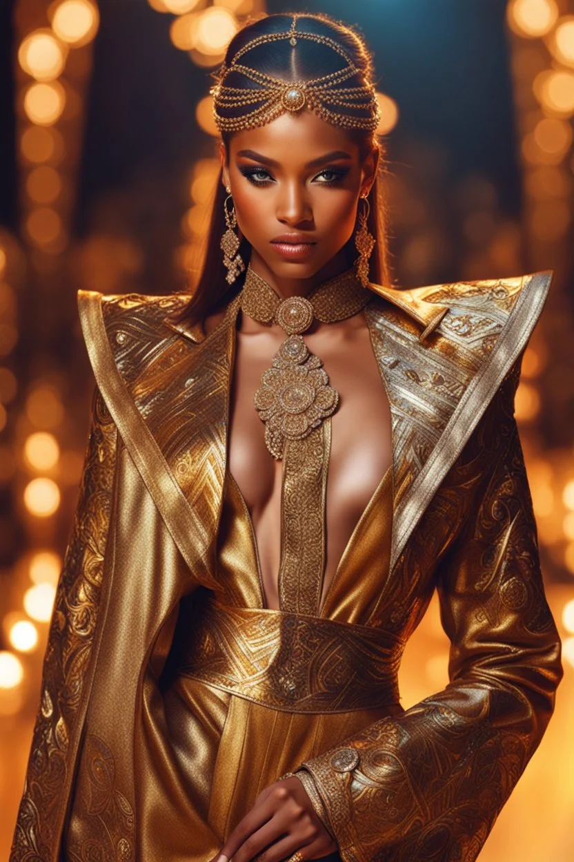 Photography fashion show modeling using jacket glistening oiled shiny, intricate, Exquisite details and textures, highly detailed, digital painting, concept art, sharp focus, tribal background, illustration, 8k, golden hour