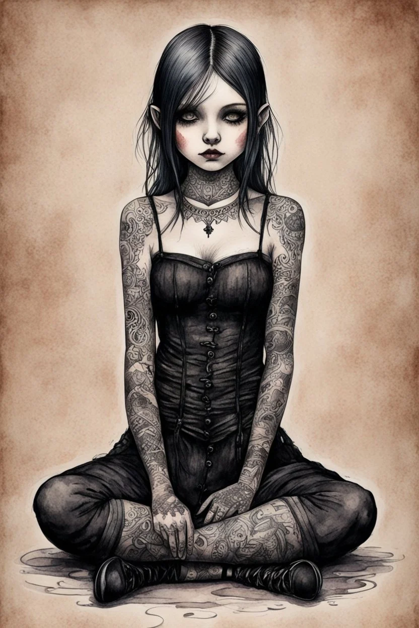 Petit girl goth many tattoos on his body, siting, fullbody, watercolor illustration by <John Kenn Mortensen>, darkred tones,