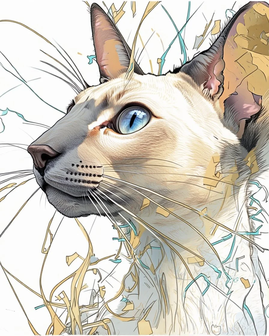 Create a vividly realistic visual composition to conceptually complement A whimsical, wacky Oriental shorthair chocolate point Siamese with blue eyes and a delightfully scattered and unkempt coat, sporting long strands of hair that stick out in every direction, as if electrified by static, its whiskers twitching with mischief, while its ears perk up with an air of sly secrecy, the cat's body appears to be whispering away from itself, as if its very essence is being slowly sucked out, leaving beh