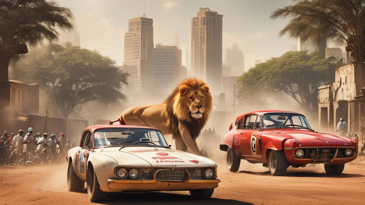 "I'm envisioning a sensational poster for '<Achayo> Vintage Rally Racing: Car vs. Lion Showdown.' The backdrop should showcase an Ethiopian cityscape, providing an urban setting for the vintage rally action. In the foreground, a stylish vintage rally car stands ready, its driver geared up for the ultimate showdown. Next to the car stands a majestic lion, symbolizing the power and strength of nature. Use earthy tones for the city background, vibrant colors for the rally car, and natural tones for