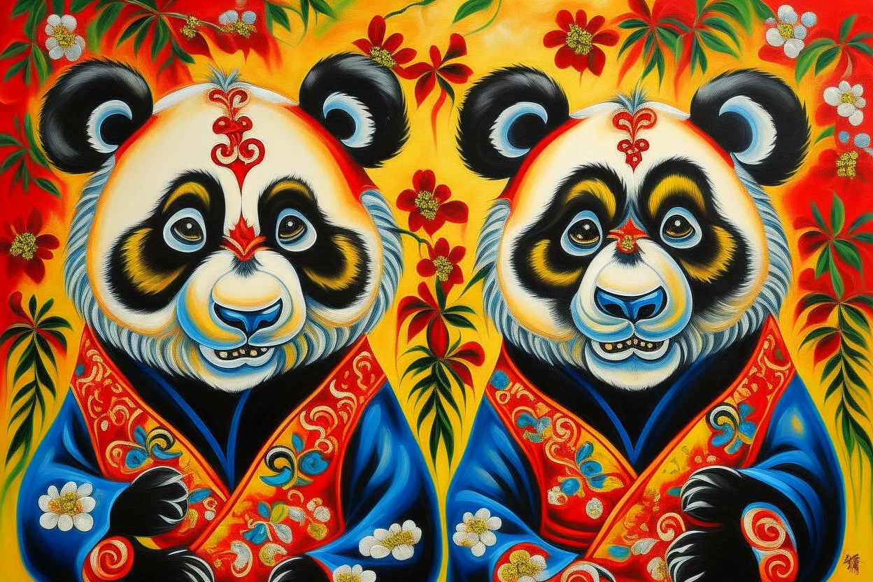 Pandas wearing Chinese masks painting