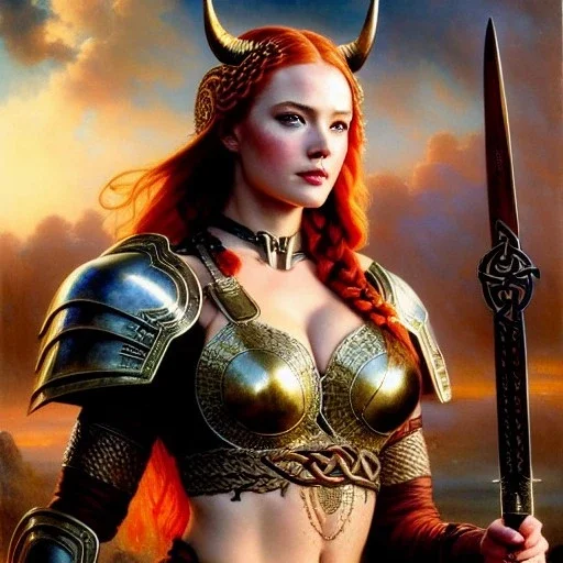 portrait 'beautiful Sexy busty Redhead Sif',Braids,horned helmet, celtic tattoed,painting by gaston bussiere, greg rutkowski, yoji shinkawa, yoshitaka amano, tsutomu nihei, donato giancola, tim hildebrandt, oil on canvas, cinematic composition, extreme detail,fit full head inside picture,32k