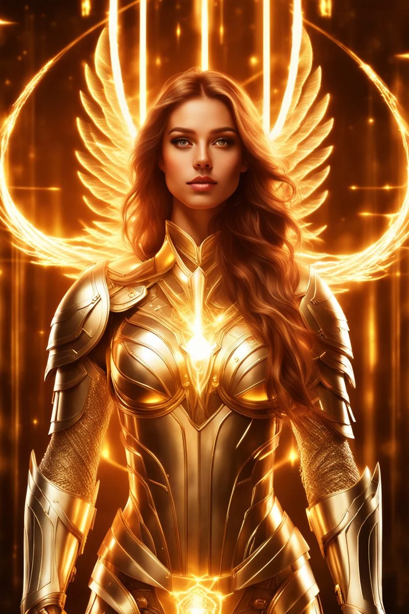 Photograph realistic beautiful Angel woman armor long hair stand face front in impact picture,translucent and glowing metallic patterns,glowing metal objects hovering in the air and surrounding him,Electric arcs and sparks,flow of energy,translucent magnetic lines,golden and shimmering light effects