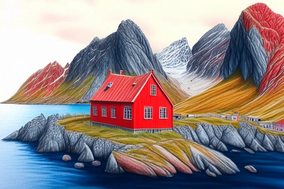 Colored pencil drawing, of the colorful nature of Lofoten Island in Norway, with a characteristic red houses, Ultra Realistic,