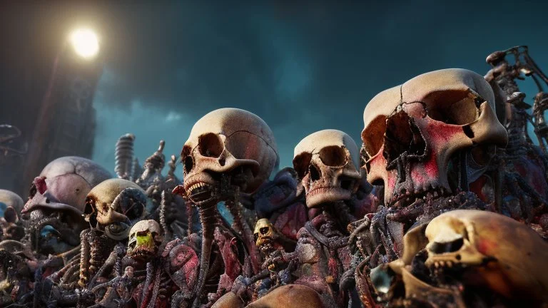 a picture of a dark, comedic, anatomically correct wall of colorful tightly packed stacked cyborg skulls of varying sizes and expressions, photo realistic, insanely meticulous, highly detailed, part of a collection of bones on display, 64k, dystopian, vray