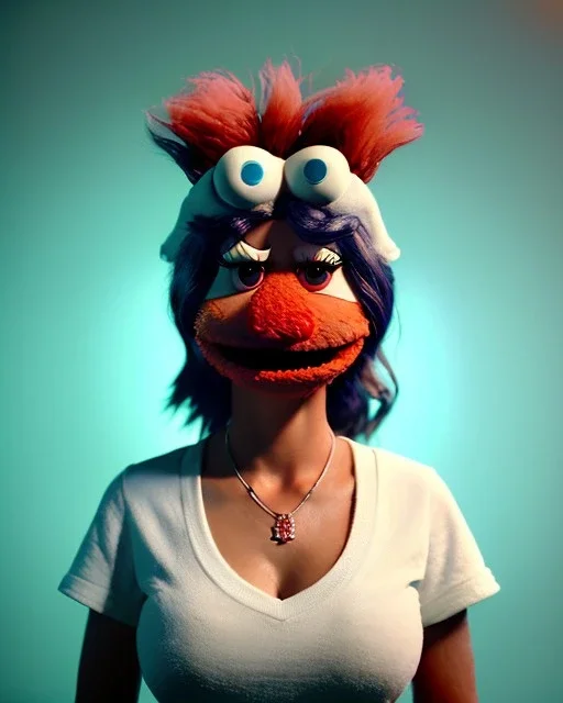 Waist up Portrait, hybrid character, waitress woman with monster muppet mask that covers her entire head, retro style, Sesame Street style, smooth, unreal engine 5, god lights, ray tracing, RTX, lumen lighting, ultra detail, volumetric lighting, 3d.