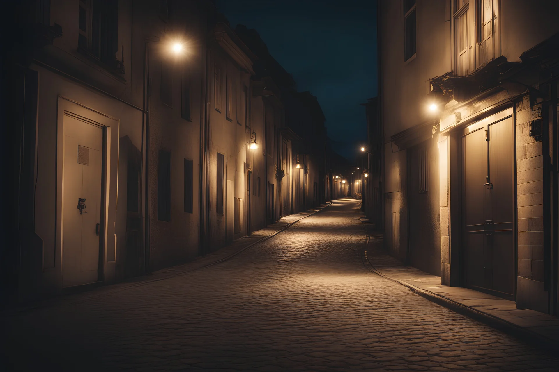 Quiet street at night with lighting. front view