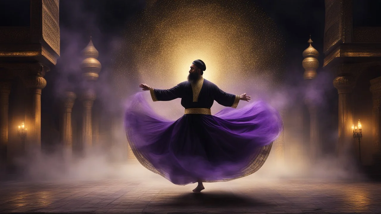 Hyper Realistic photographic-view of a Sufi Whirling with Golden & Purple Islamic Sufi Rustic Grungy-Black Background with thick-fog at dark-night outside an ancient Islamic architectural building with golden-sparkles-whirling showing dramatic & cinematic ambiance.