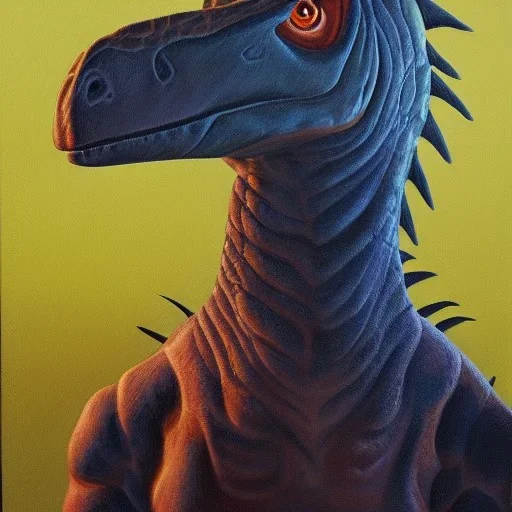 Photorealist painting of dinosaur with a mohawk