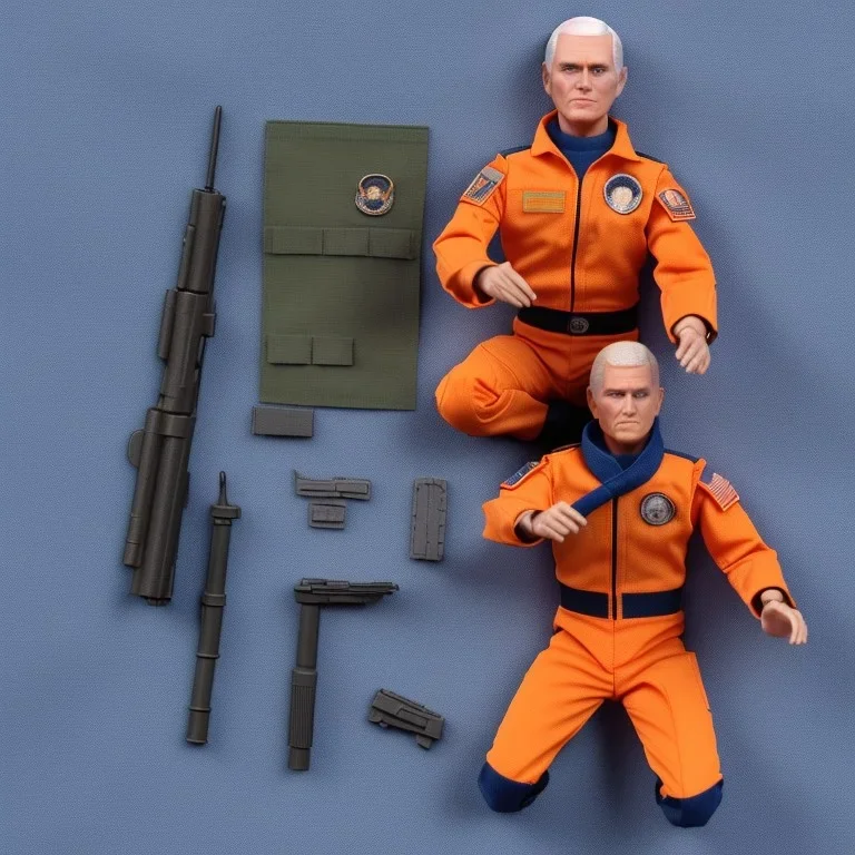 a large pile of face Mike Pence G.I. Joe toy Doll spaceforce uniform, orange blue fabric, pistol, wall packaging for sale, bright pricetag, finger, empty box