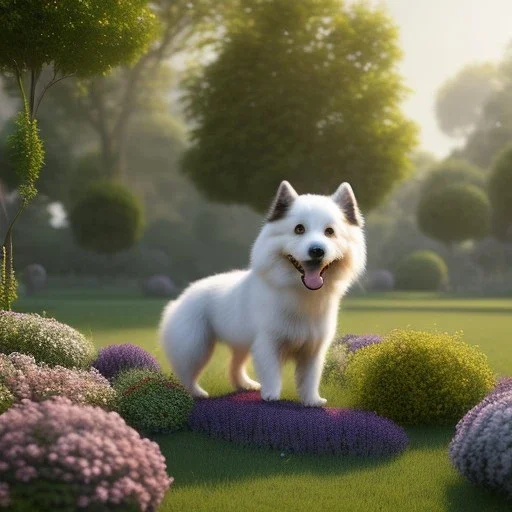 pixar style, volumetric summer garden environment and background, realistic painting of dog, looking excited, volumetric lighting, dramatic lighting, detailed digital painting, extreme dense and fine fur, anime, ornate, colour-washed colors, elegant, small minutiae, tiny features, particulars, centered, smooth, sharp focus, renderman gofur render, 8k, uhd, detailed eyes, realistic shaded volumetric lighting, sunlight caustics, backlight, centered camera view