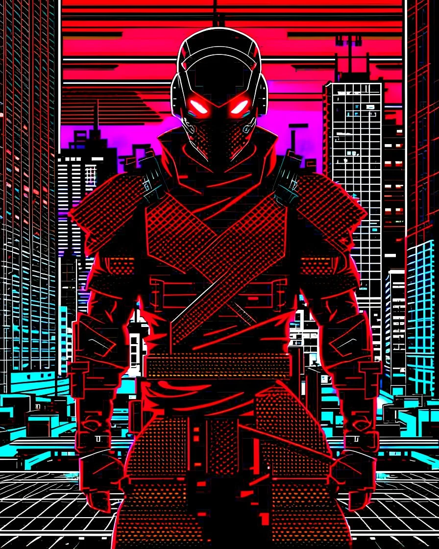 dibujo de contorno de un Samurái negro y rojo con traje cyberpunk, fondo ciudad