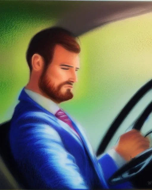 Man in suit, sitting at the wheel of his car, looking exhausted, tie untied, chin thinning , mystical, fantasy, romanticism, pastel colors, acrylic painting, detailed, soft focus,