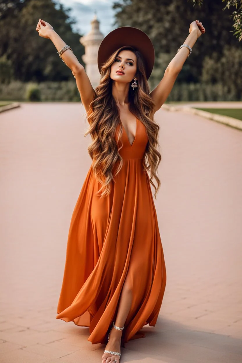 very beautiful ukrain lady wearing orange pretty maxi flared dress with hair silver crown ,standing idle pose