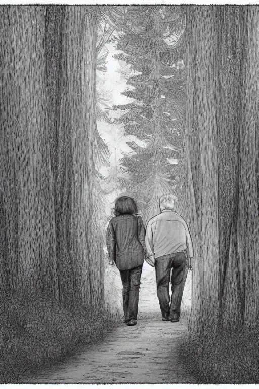 Forest, old couple walking, model style, hyper realistic, accurate, delicate, extremely detailed, Graphic novel style, wide-angle, front view, open aperture, superfine pencil