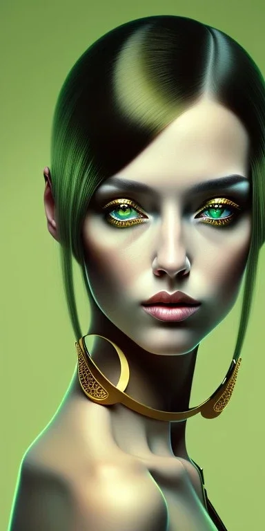 portrait of a beautiful symmetric female woman with black hair, golden rule ratio, green eyes, high quality render in the style of Norman Rockwell