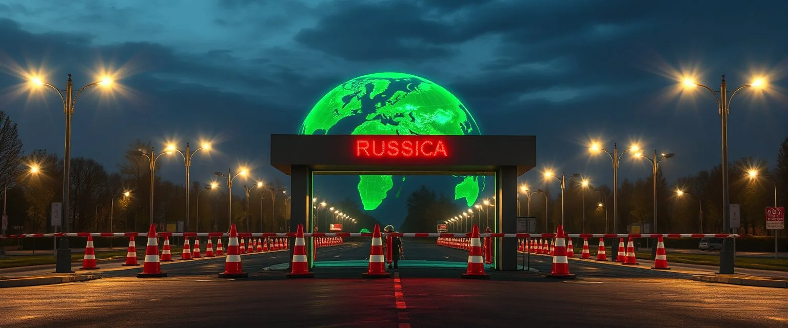 a realistic holographic Russian military checkpoint projected by the cones of street lights in front of utopia green world