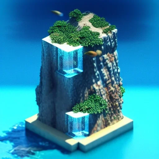 The Isometric Glass Tall Box Mini Model Little Real Island Mixed Water Fall Under Ocean Sunshine Summer Background Blue Sea, The Last Of Us / Avatar, Octane Render / ZBrush, Cinematic, IMAX Film, Nikon D750, 16K, Autostereoscopy, Anthropomorphic, Golden Ratio, Geometry, Symmetric, Depth Of Field, Highly Detailed, Ultra Realistic, Beautiful Lighting, Halfrear Lighting, Soft Light, Candoluminescence, Cast Shadow, Reflective, Glow, Translucent, Normal Map, Carbonated --testp