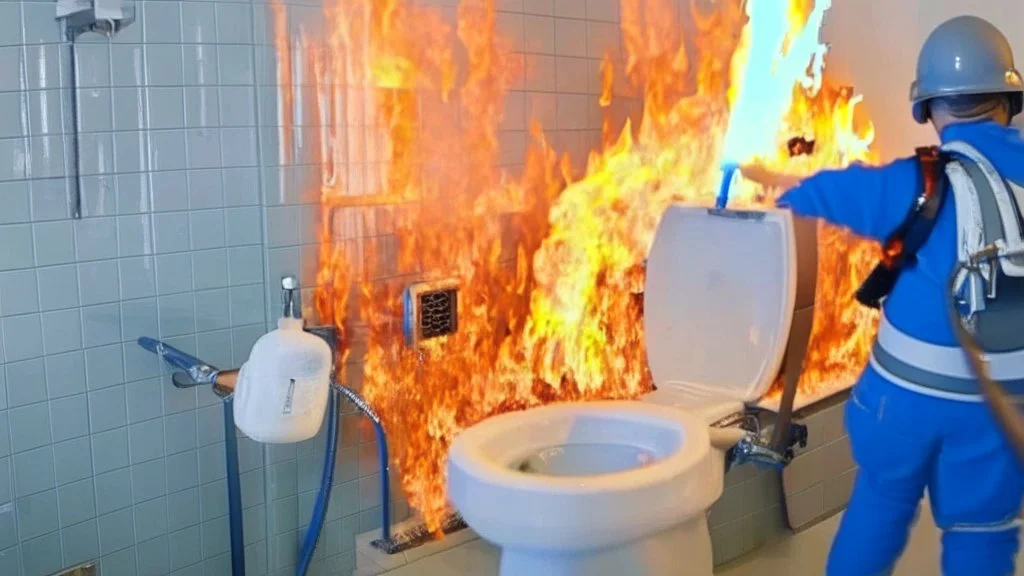 man sprays fire extinguisher all over toilet in the bathroom