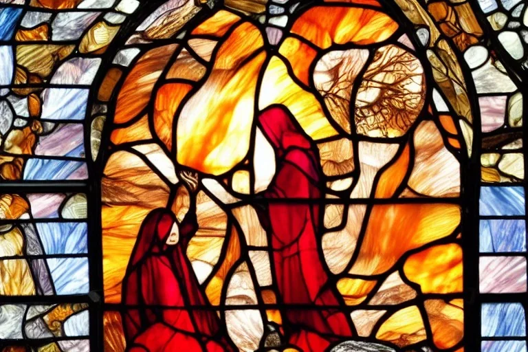 Cloaked woman holding fire on stain glass window