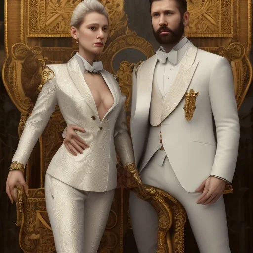 8K, a Highly detailed stunning portrait of Dom man, a white suit, beard, and short hair, with a kneeling submissive woman