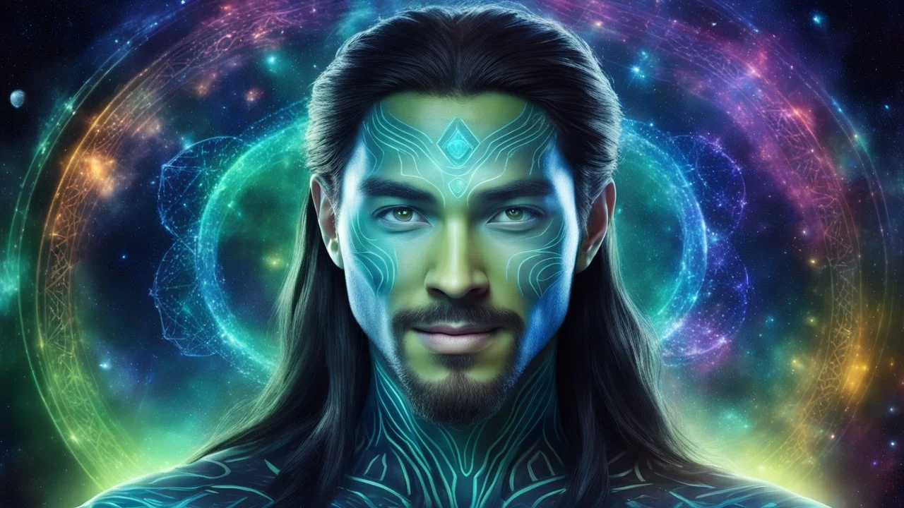 beautiful gorgeous young man na'vi with long hair, Avatar, blue skin, two small ears, green eyes, black hair, in cosmic suit, galactic ambiance, medium pointy goatee , smiling, nebulas and sacred geometry light figures on the backgroud,