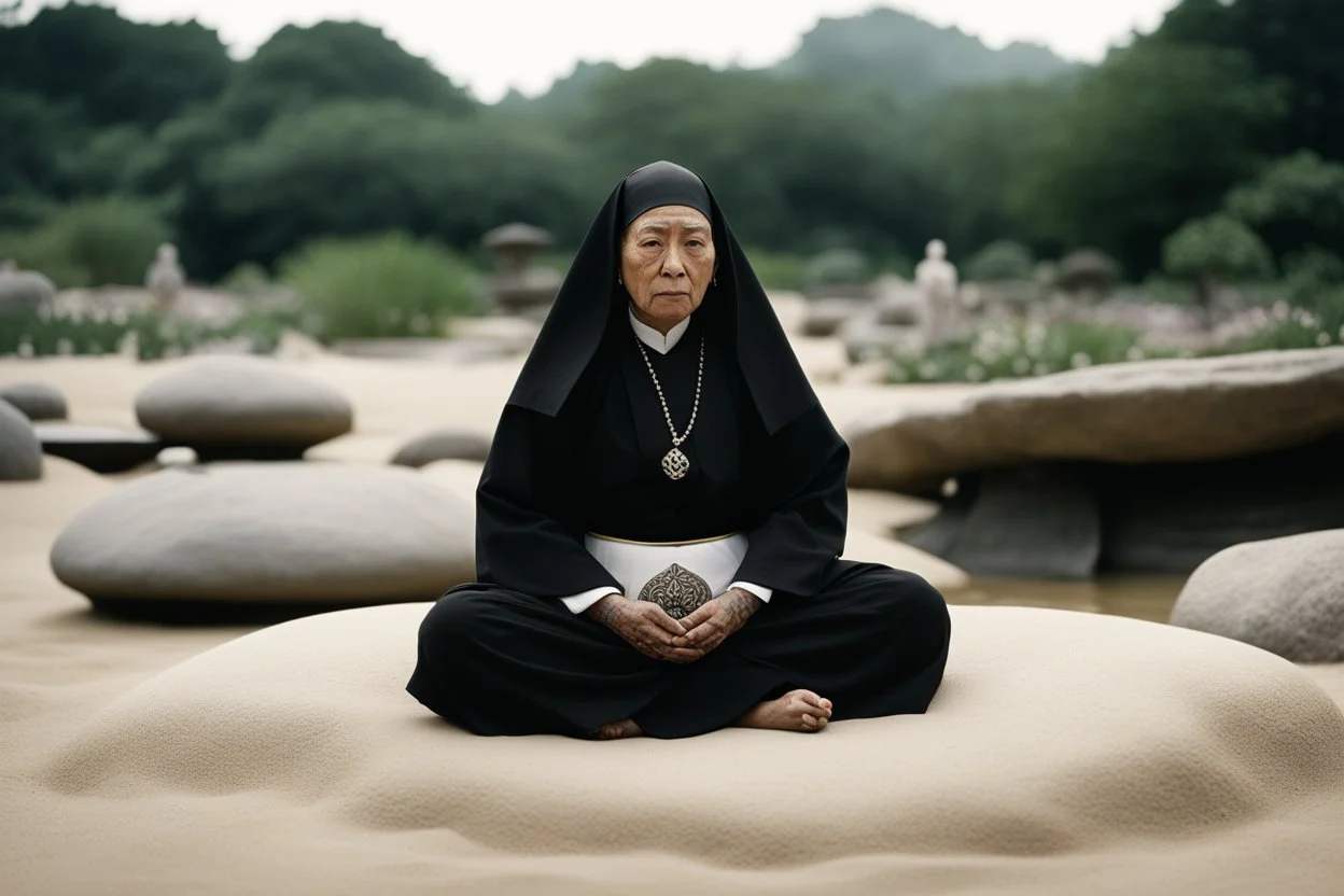[very impressive high res masterpiece in Kodak Eastman 5247, bokeh scene by Stanley Kubrick] a gangsta nun covered by tattoos, a mysterious figure who defies convention, meditating in the lotus position on a rock outside. The serene setting of a zen garden surrounds her, the sand meticulously raked in intricate patterns, creating a sense of calm and balance in the midst of chaos.