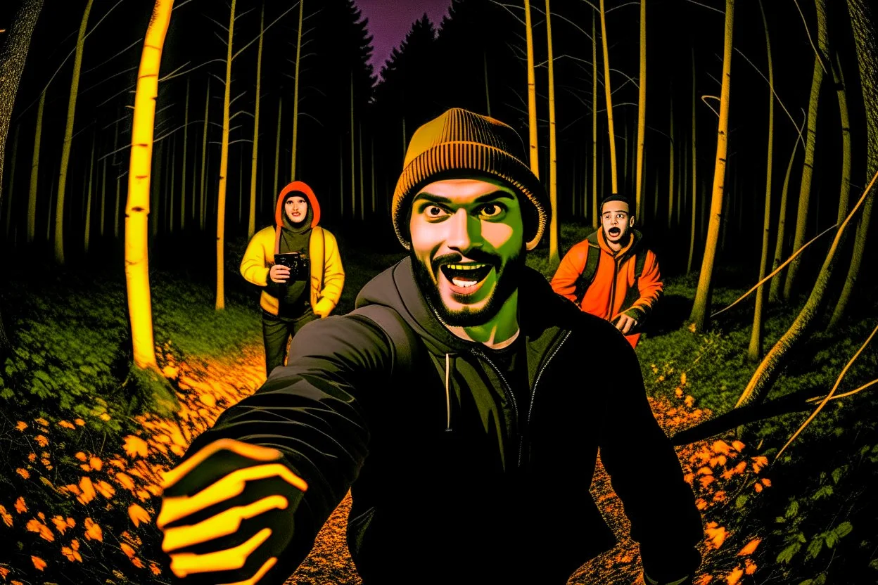 man taking a selfie while being chased by mercenaries in the woods at night