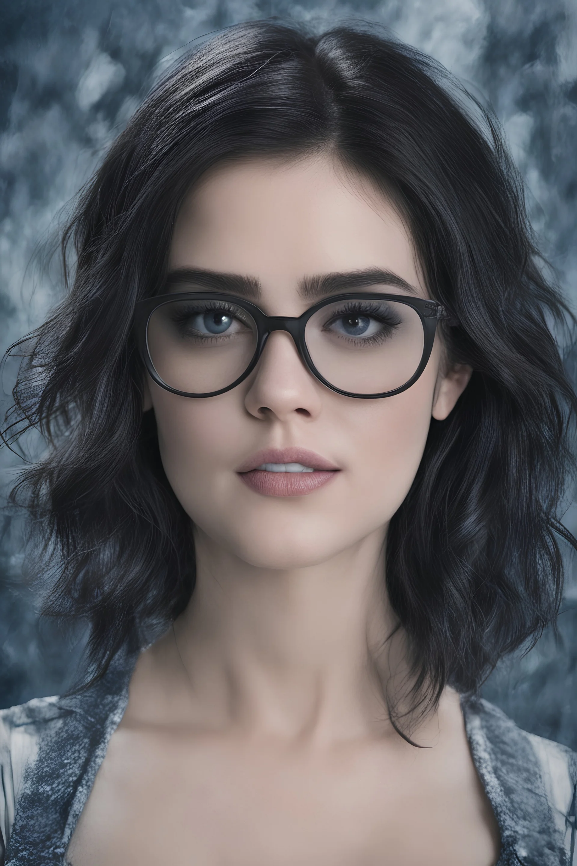 cross-eyed Lucy Hale Edward Scissorhands hybrid, , 4k UHD, photorealistic, ((big, full, plump, pouty lips:1.5)) black hair, big cat-eye eyeglasses, dark blue foggy gradated marble wall background