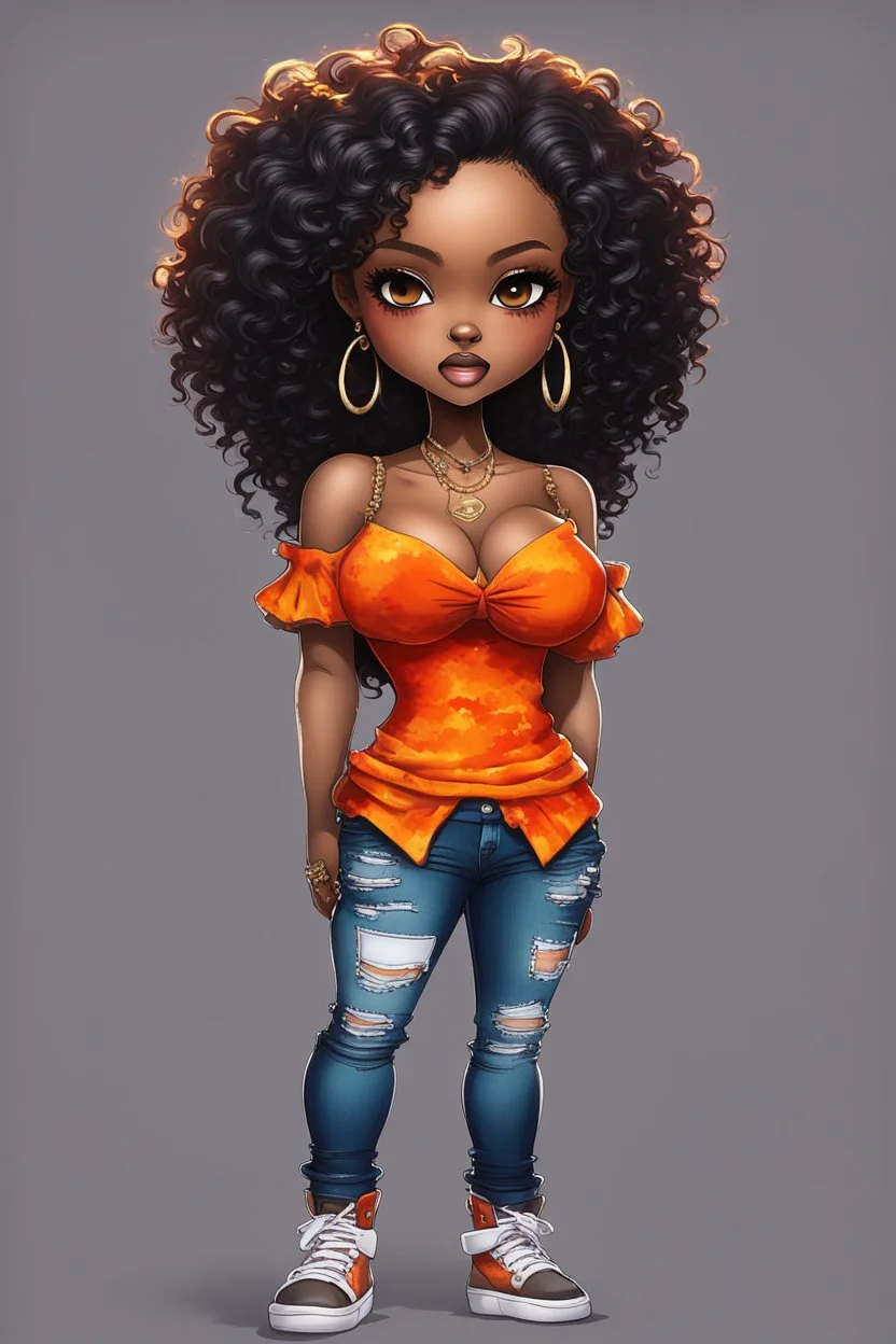 create a digital urban culture art image 8k of a chibi curvy black female wearing torn jeans pants and a orange tie dye off the shoulder blouse. Prominent make up with hazel eyes. Highly detailed long tight curly PONYTAIL