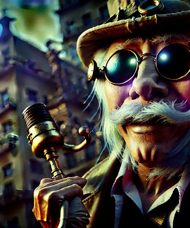 steampunk, cabaret scene. old man. little monkey, Sunglasses, rain, smoking, happy, hot. A lot of people background, highly detailed, concept art, unreal engine 5, god rays, ray tracing, RTX, lumen lighting, ultra detail, volumetric lighting, 3d, finely drawn, high definition, high resolution.