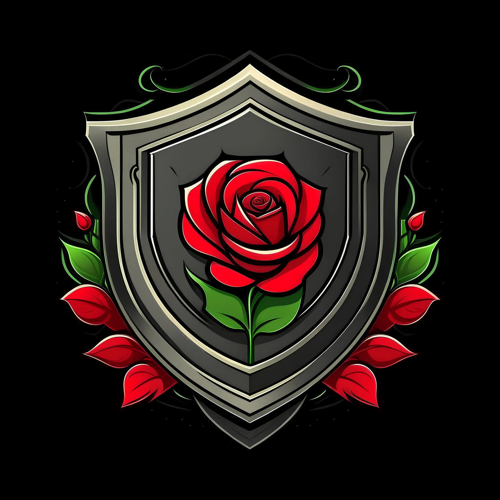 Create an elegant shield logo with a red rose in the middle, of which the peddles are falling. The shield may have green accents.