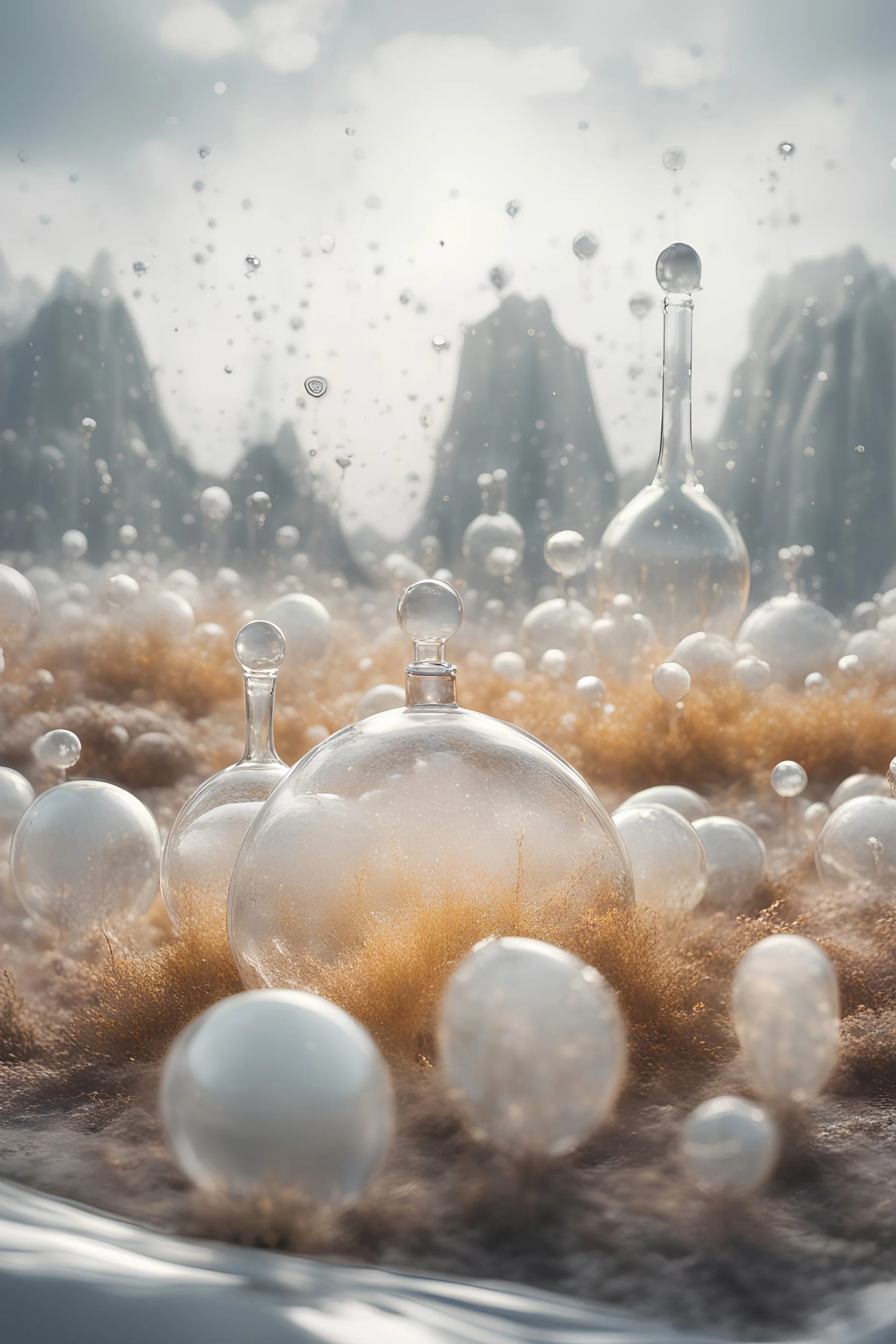 wide alien landscape in the background, all in white and glass, bright flickering lights, 35mm film, hyperrealistic photography, inkblots, dew on neuronal glass lights, award winning art, diffusion, macro_shot, colored gimicalmas, tiny details in the foreground, natural lighting, amazing composition, subsurface scattering, amazing textures, soft light, bokeh, vivid, vibrant , highly textured, poster, fine art --s 200 --ar 9:16 --chaos 15 --v 5.2 --style raw
