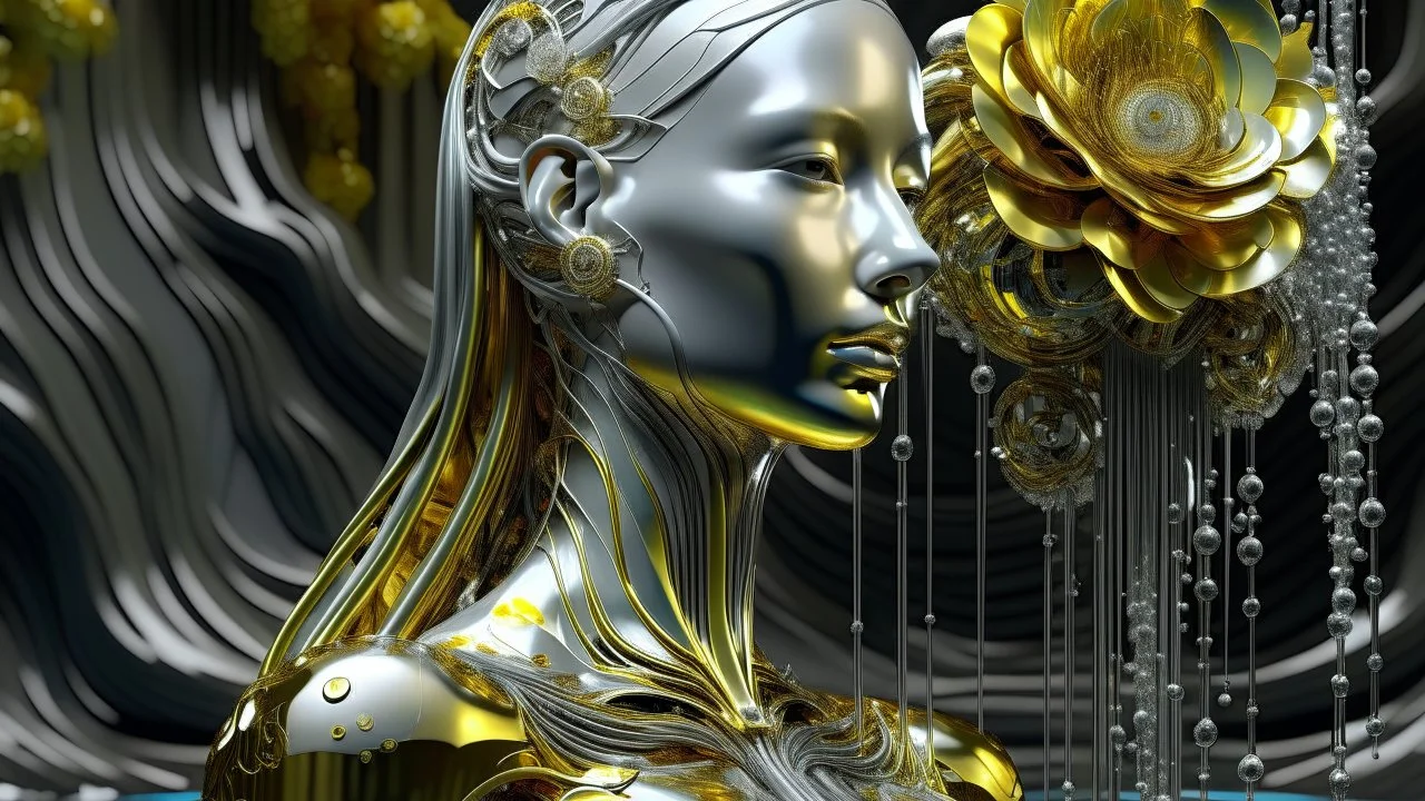 Waterfall, figure of a Woman, art from the "art of control" collection by Jasper Harvey, in the style of futuristic optics, silver and gold, flower, bird, detailed facial features, swirling vortices, 8k 3d, bizarre cyborgs, made of crystals, high detail, high resolution, 8K