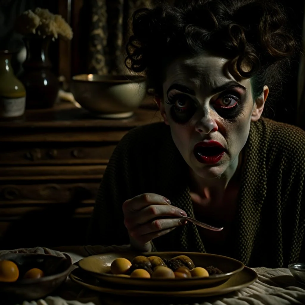 Strong texture, photorealism, Caravaggio, Egon Schiele. Intricate patterns, hypermaximalist. Photo made of inside house, an eerily mysterious, hidden and odd person is eating, a witchy house, sober style, pastel colors. Movie shot, spooky. Sinister scribbles, 33mm photography. Beasts