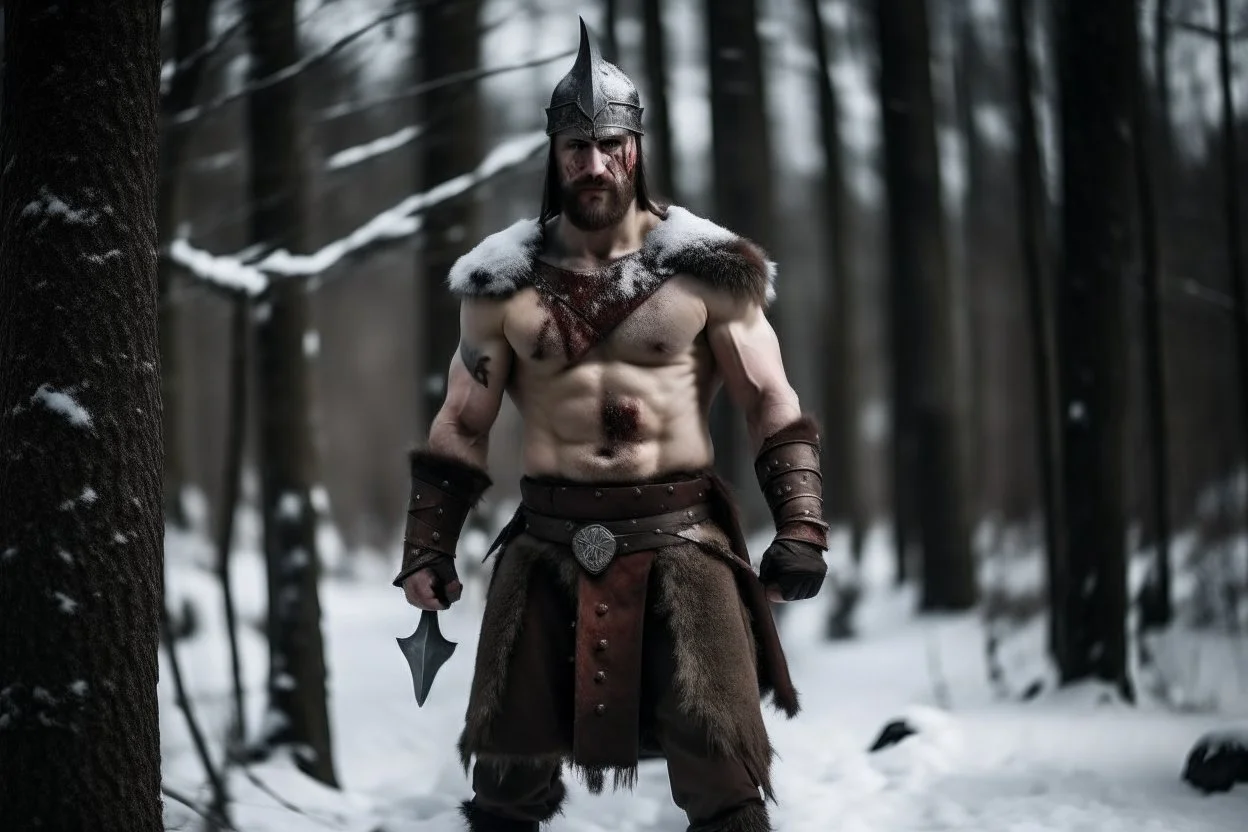 A strong man standing in cold windy snowy forest, shirtless, body scars, bloody, bear paws scars on chest, wearing a knight helmet, carrying an axe