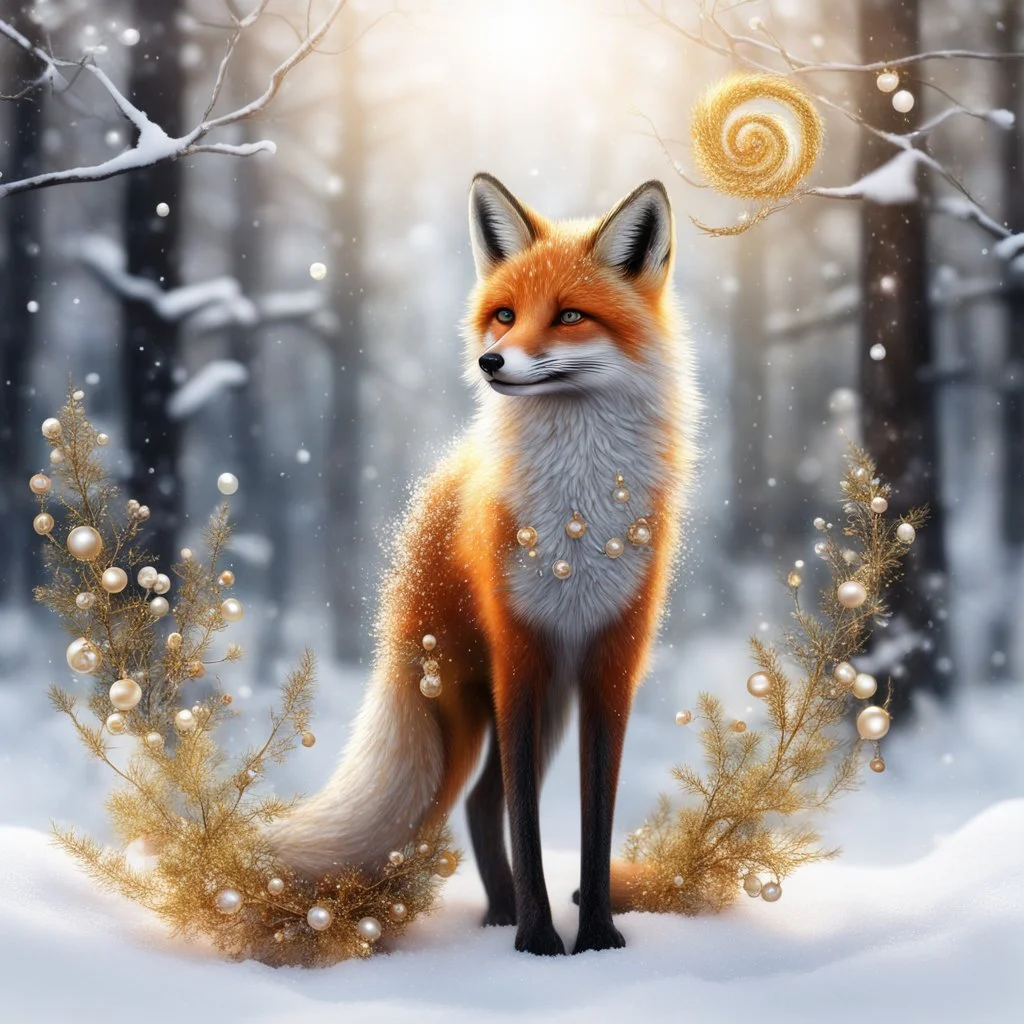 Masterpiece 3D render digital art, Sprinkle alcohol ink effects , a sprig of berries over a beautiful standing fox with a bushy tail, standing in the snow, backdrop forest winter landscape, insanely beautiful face , silver and gold snow swirl in background, pearls and beads and gold lines